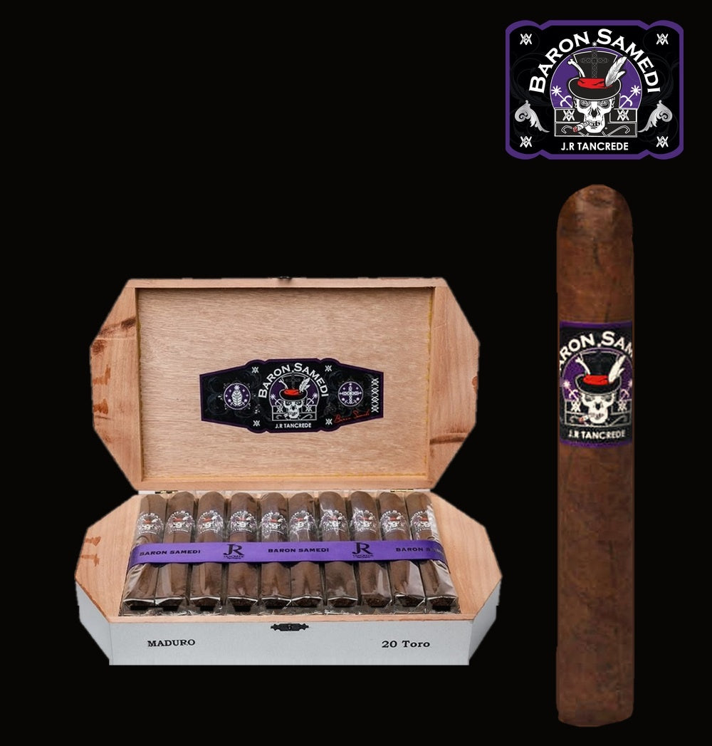 Baron Samedi by JR Tancrede, open box of 20 Maduro Toro with cigar, Hispaniola Cigars Distributor