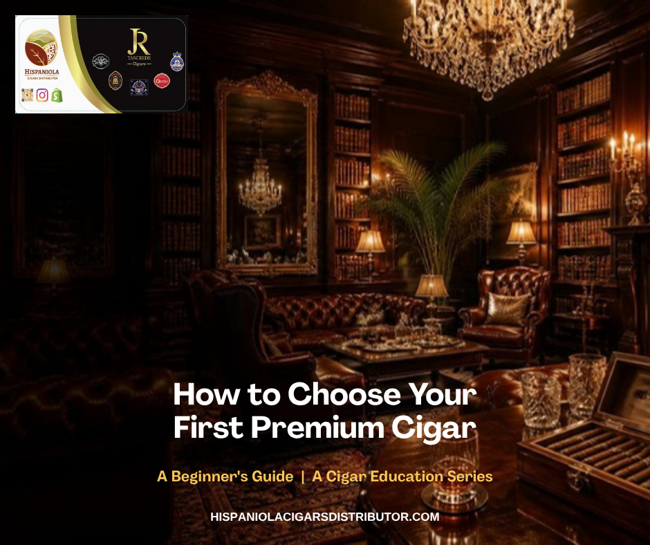 Luxury cigar lounge with the title How to Choose Your First Premium Cigar, a beginner's guide from Hispaniola Cigars Distributor