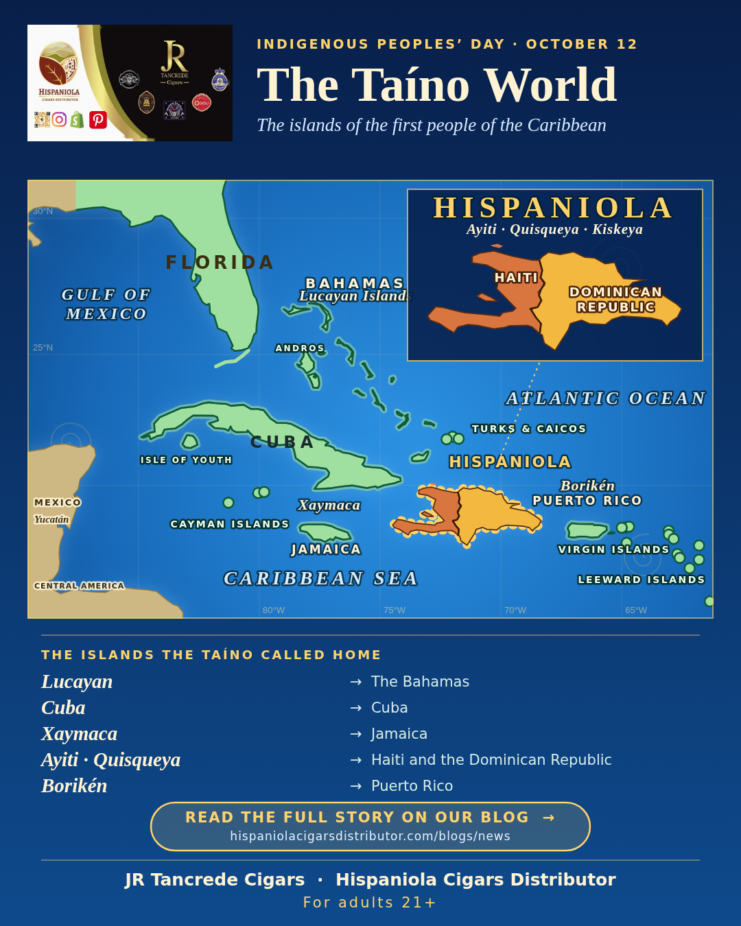 Map of the Caribbean and the southeastern United States showing the islands where the Taíno lived, including Florida, with Hispaniola labeled and divided into Haiti and the Dominican Republic