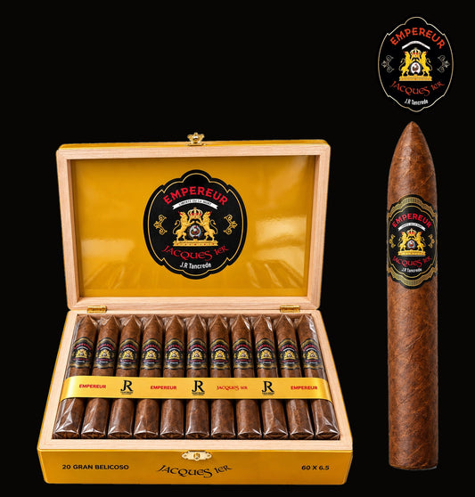 Empereur Jacques 1er by JR Tancrede, open box of 20 Gran Belicoso 60 x 6.5 with cigar, Hispaniola Cigars Distributor
