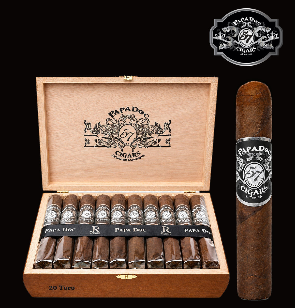 PaPaDoc 57 Cigars by JR Tancrede, open box of 20 Toro with cigar, Hispaniola Cigars Distributor