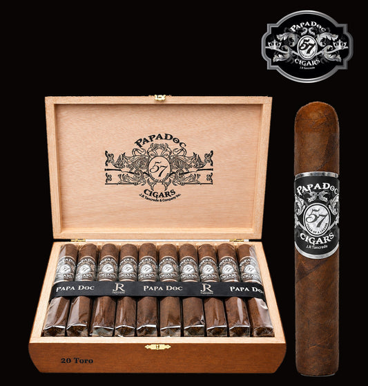 PaPaDoc 57 Cigars by JR Tancrede, open box of 20 Toro with cigar, Hispaniola Cigars Distributor