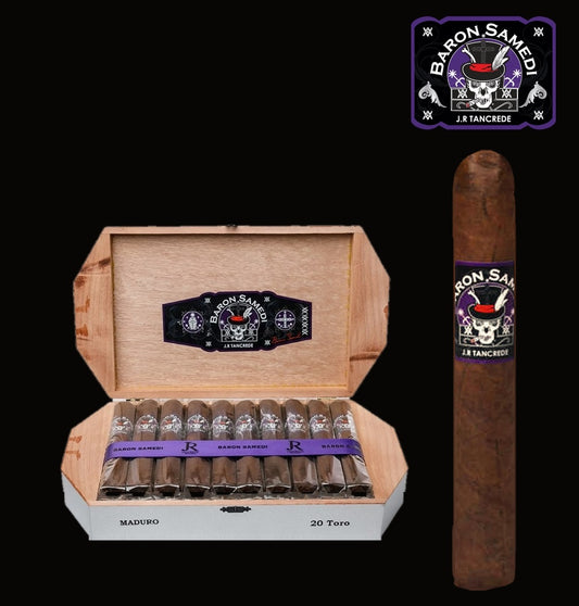 Baron Samedi by JR Tancrede, open box of 20 Maduro Toro with cigar, Hispaniola Cigars Distributor