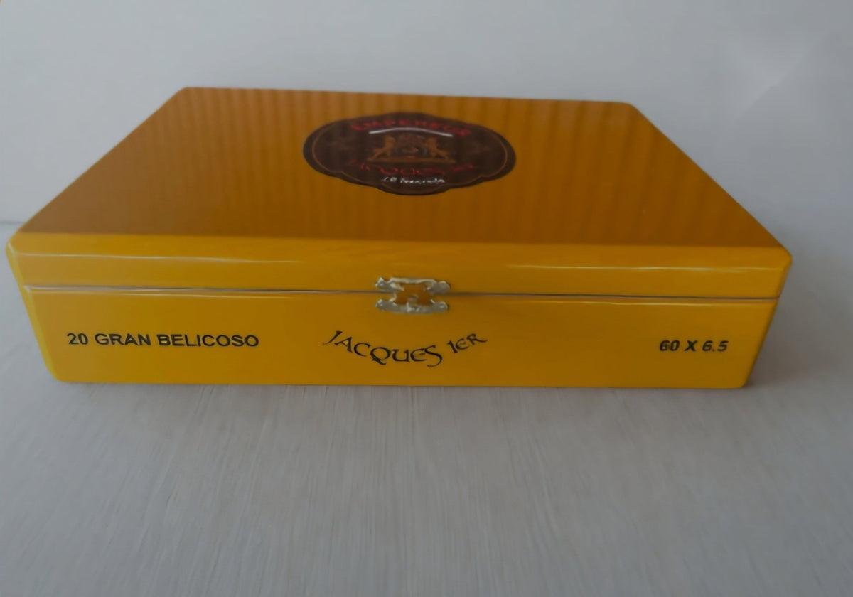 Empereur Jacques 1er by JR Tancrede, side of the box showing 20 Gran Belicoso 60 x 6.5, Hispaniola Cigars Distributor
