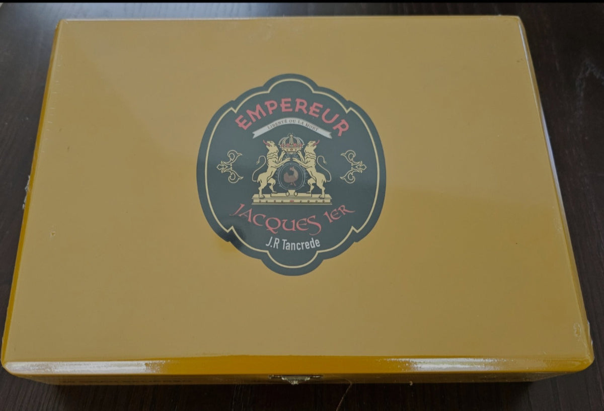 Empereur Jacques 1er by JR Tancrede, closed box of 20 Gran Belicoso with the Empereur label on the lid, Hispaniola Cigars Distributor