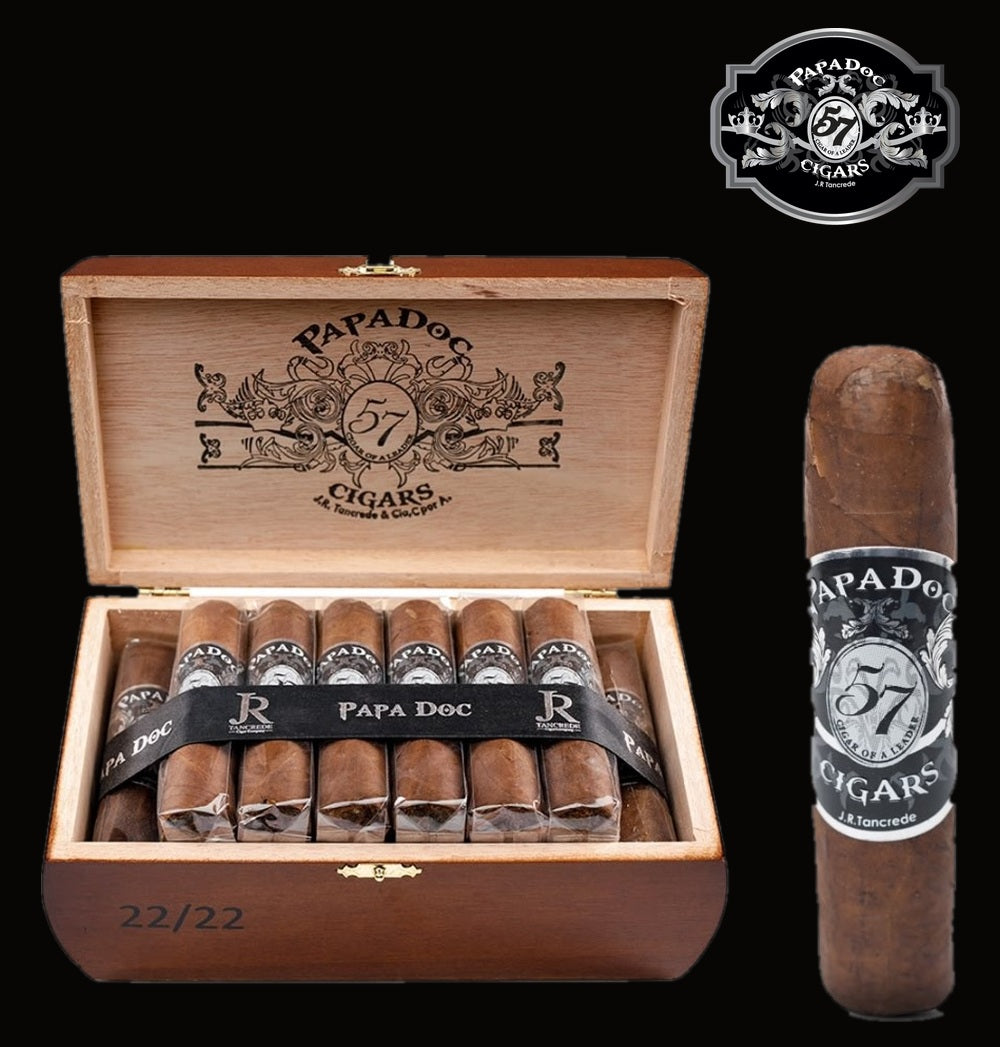 PaPaDoc Petit Robusto by JR Tancrede, open box of 22 with cigar, Hispaniola Cigars Distributor