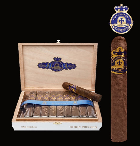 Roi Christophe by JR Tancrede, open box of 20 San Andres Box Pressed with cigar, Hispaniola Cigars Distributor